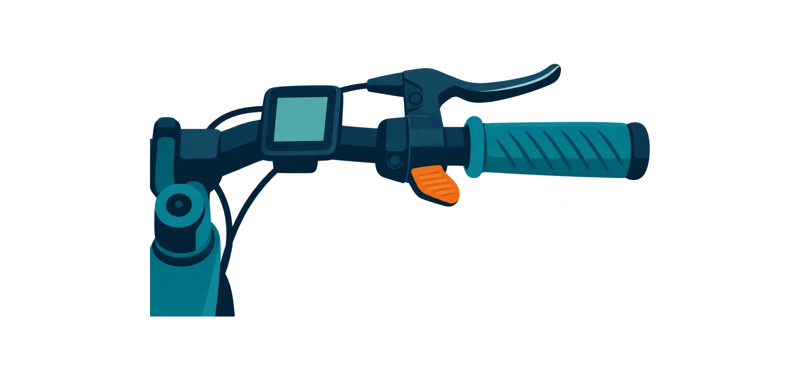 Illustration of an e-bike handlebar with an orange thumb throttle next to the brake lever