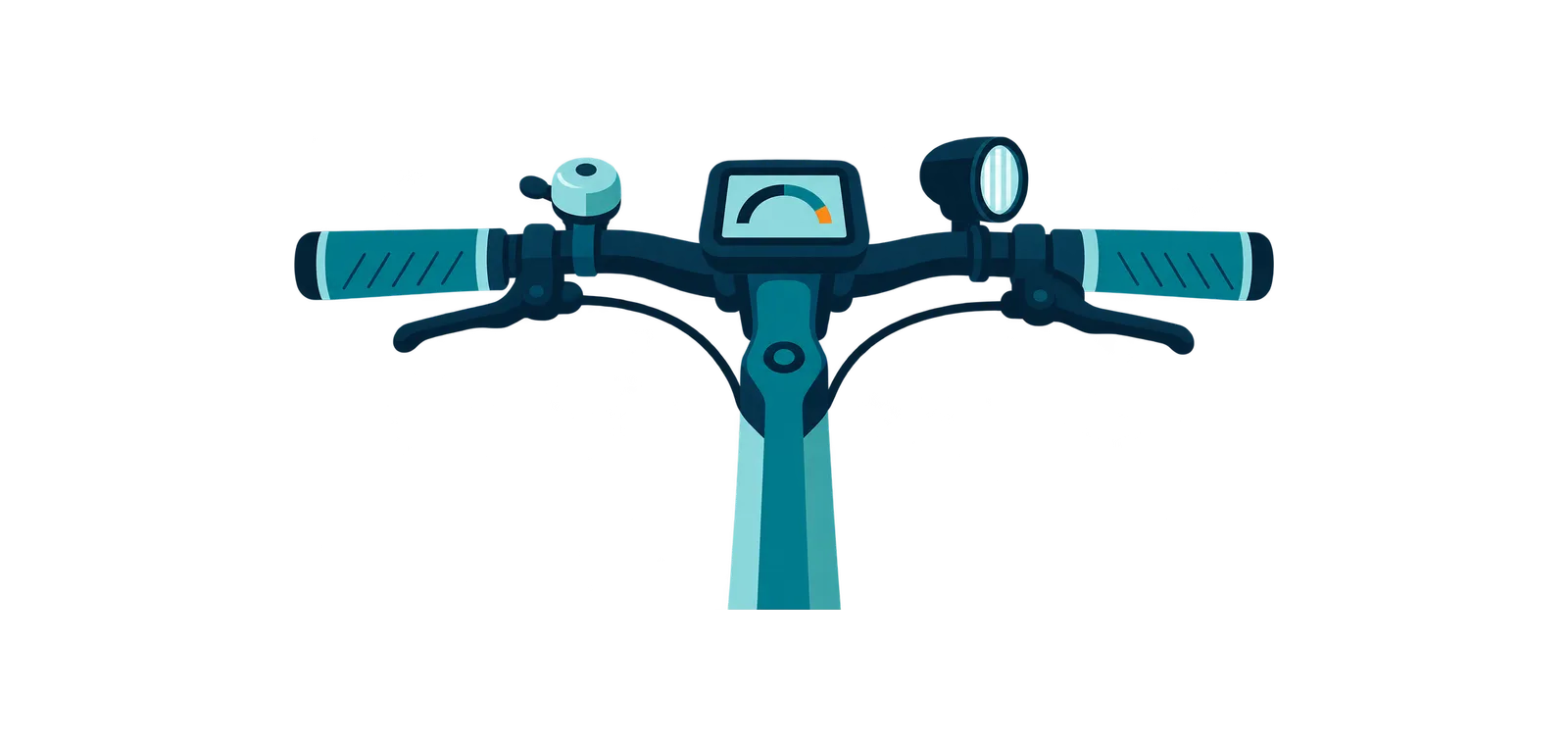 Illustration of an e-bike handlebar with a speedometer display, a bell, and a headlight
