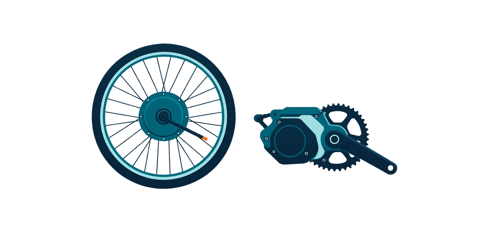 Illustration of a rear hub motor in a wheel next to a mid-drive motor at the pedal cranks